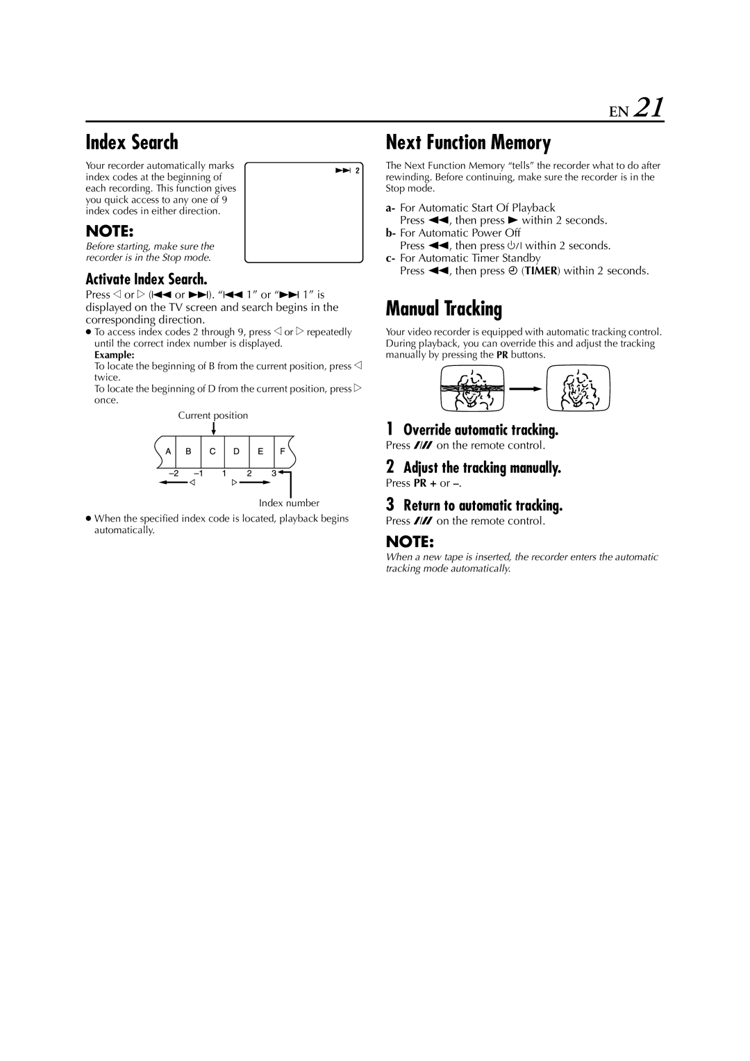 JVC HR-S6700EU specifications Index Search, Next Function Memory, Manual Tracking 