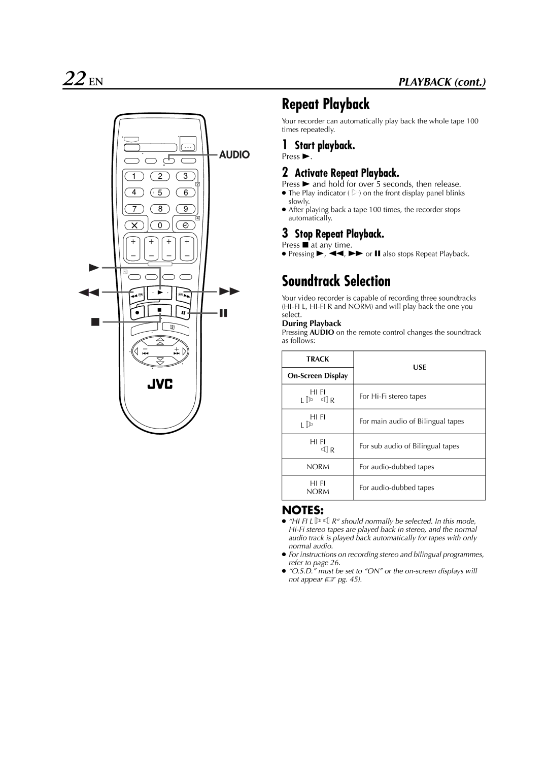 JVC HR-S6700EU specifications 22 EN, Soundtrack Selection, Activate Repeat Playback, Stop Repeat Playback 