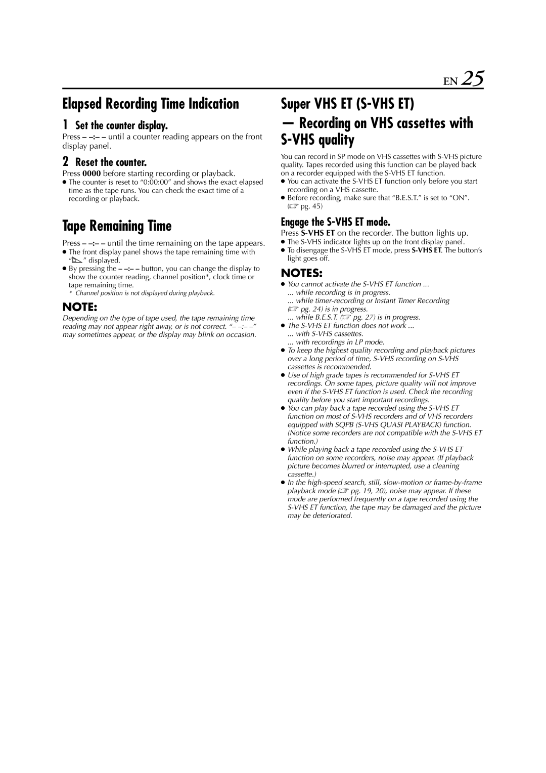JVC HR-S6700EU specifications Tape Remaining Time, Set the counter display, Reset the counter, Engage the S-VHS ET mode 