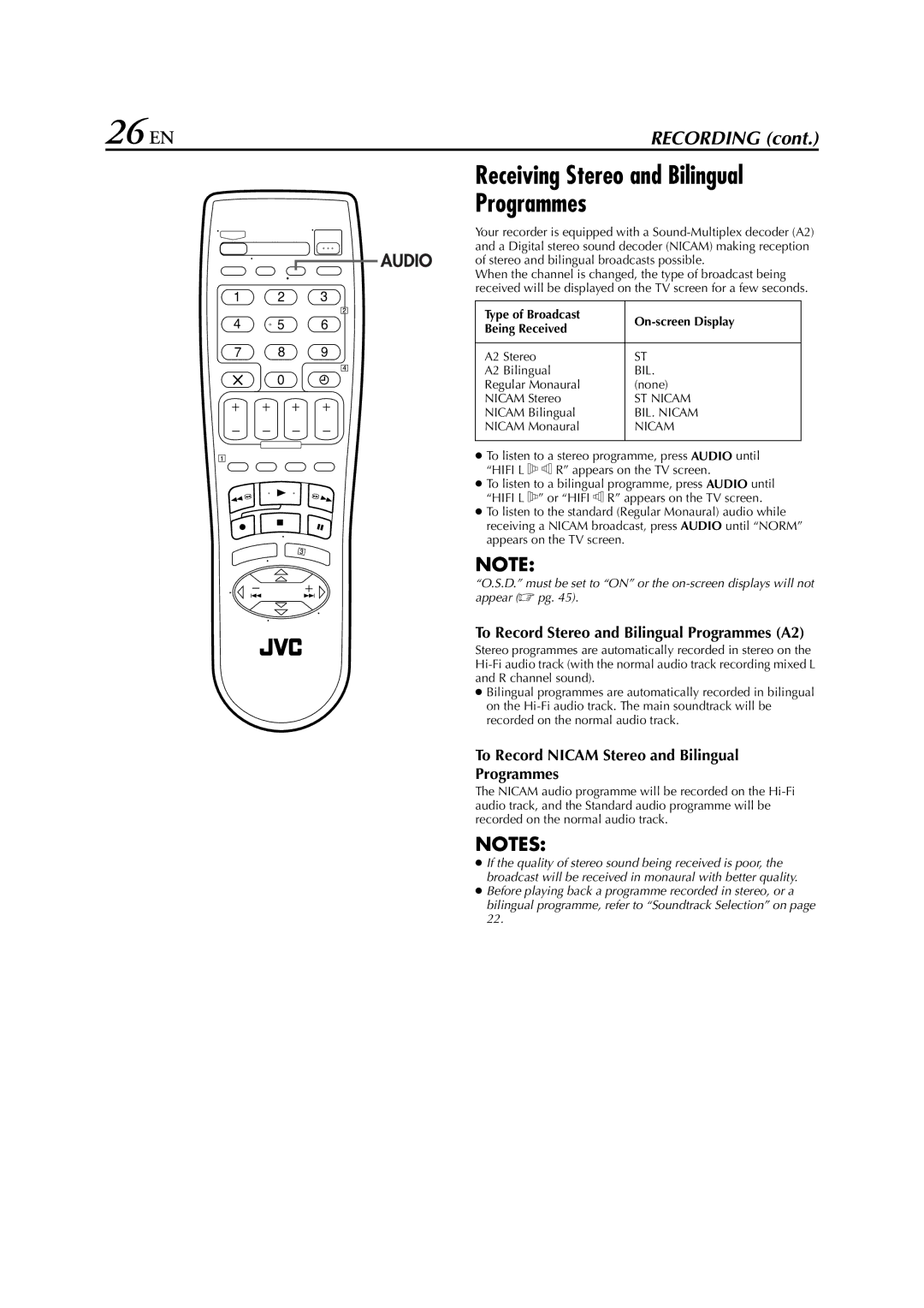 JVC HR-S6700EU specifications Receiving Stereo and Bilingual Programmes, Type of Broadcast On-screen Display Being Received 