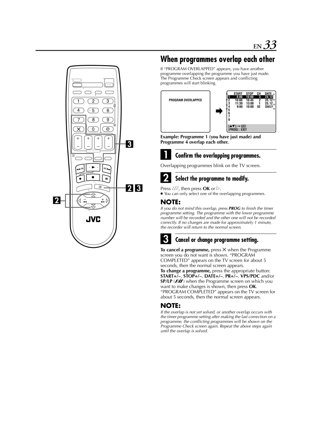 JVC HR-S6700EU Confirm the overlapping programmes, Select the programme to modify, Cancel or change programme setting 