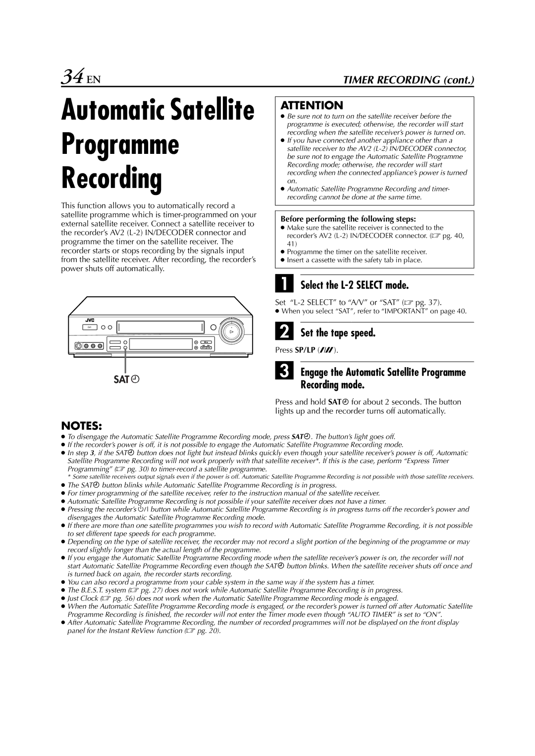 JVC HR-S6700EU specifications Programme Recording, 34 EN, Select the L-2 Select mode, Recording mode 