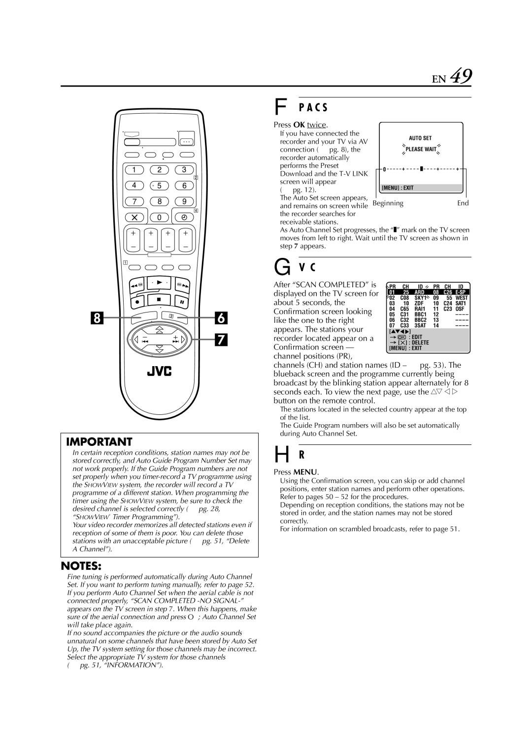 JVC HR-S6700EU specifications Perform Auto Channel Set, View the Confirmation screen, Press OK twice 