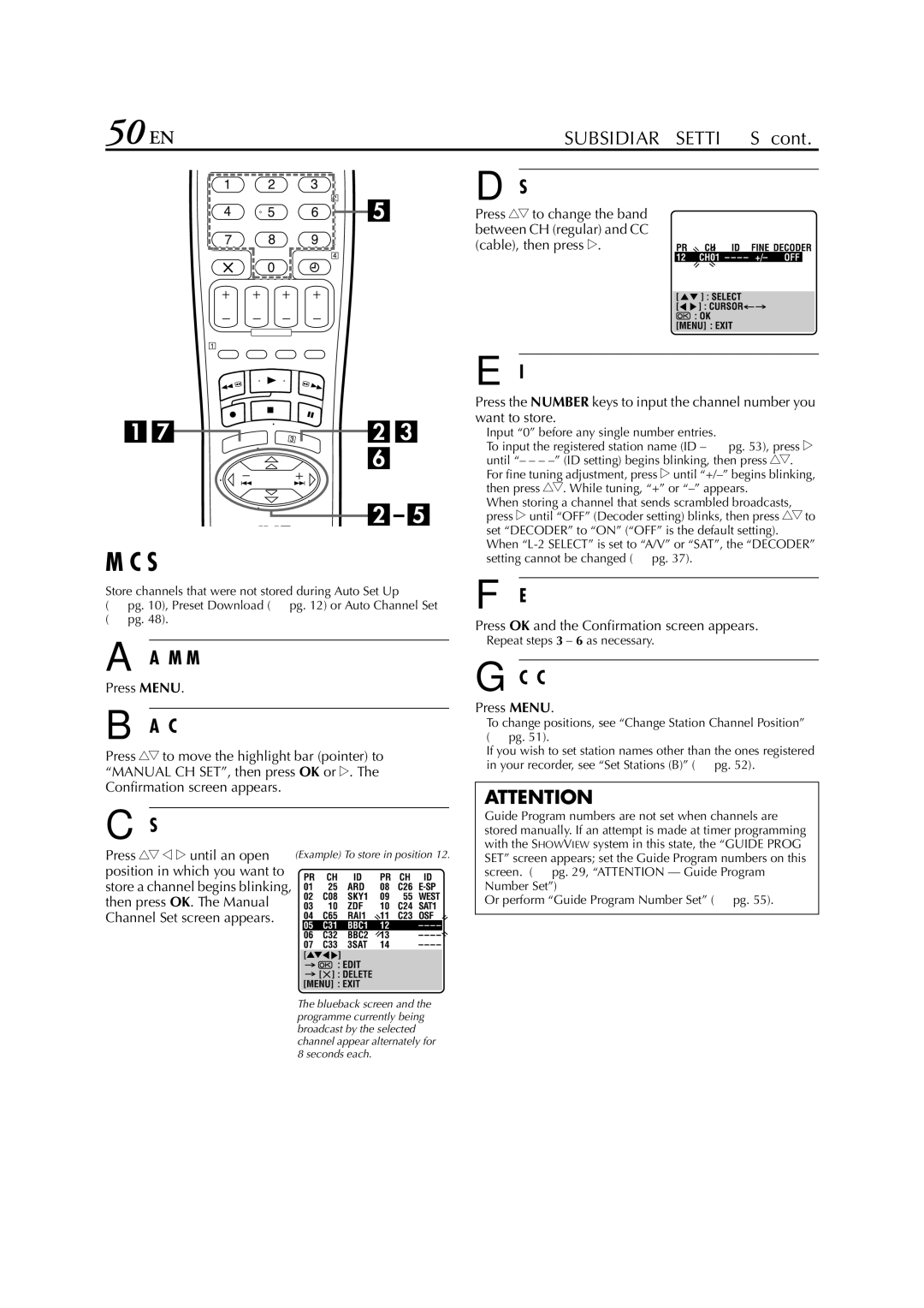 JVC HR-S6700EU specifications 50 EN, Manual Channel Set 