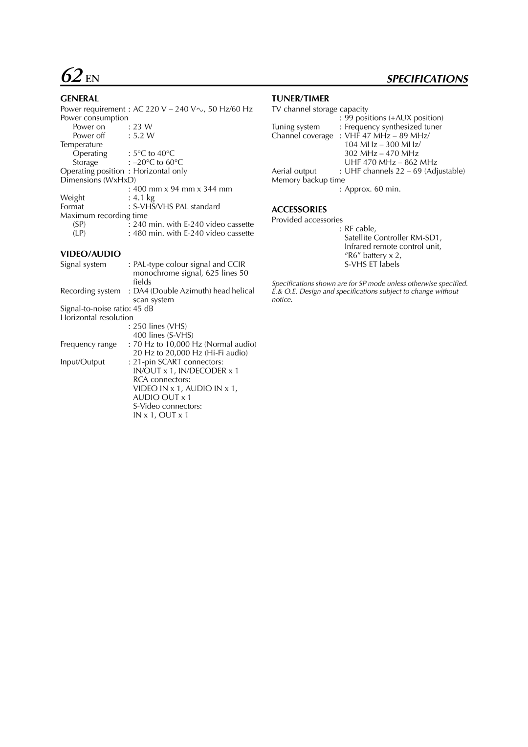 JVC HR-S6700EU specifications 62 EN 