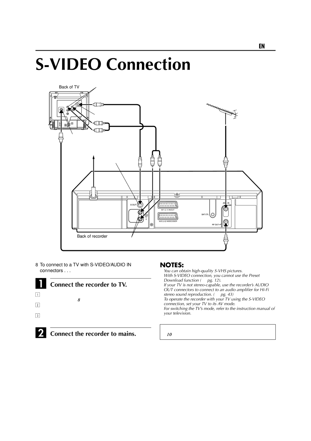 JVC HR-S6700EU specifications Video Connection, 8To connect to a TV with S-VIDEO/AUDIO in connectors 