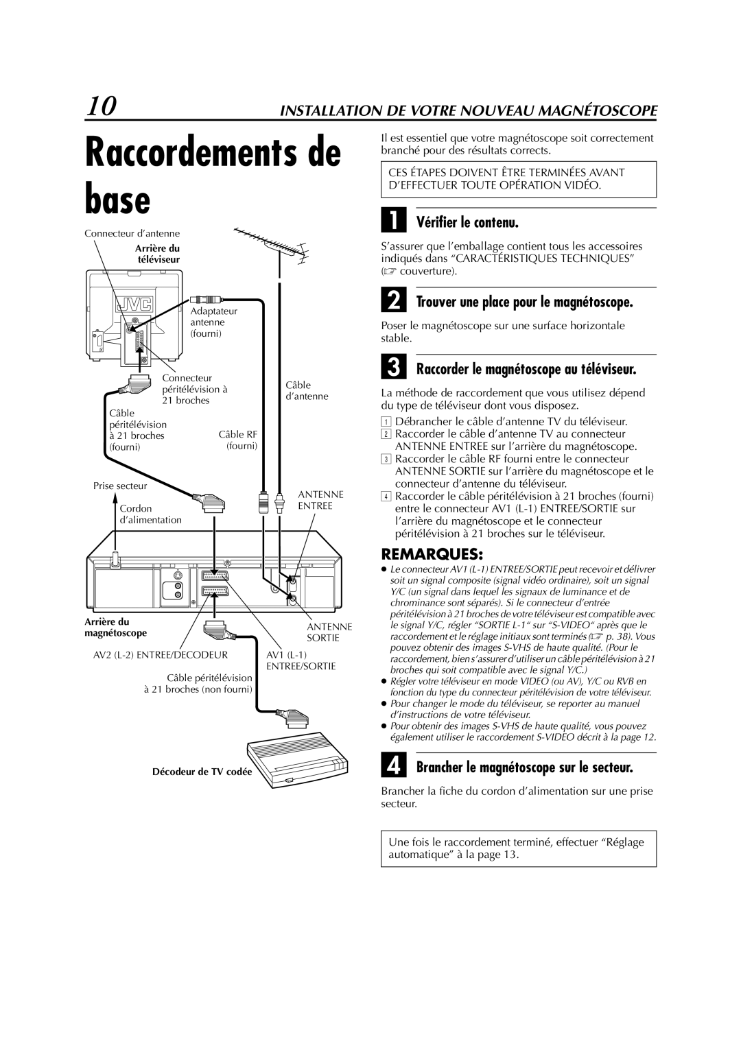 JVC HR-S6700MS manual Vérifier le contenu, Trouver une place pour le magnétoscope, Brancher le magnétoscope sur le secteur 