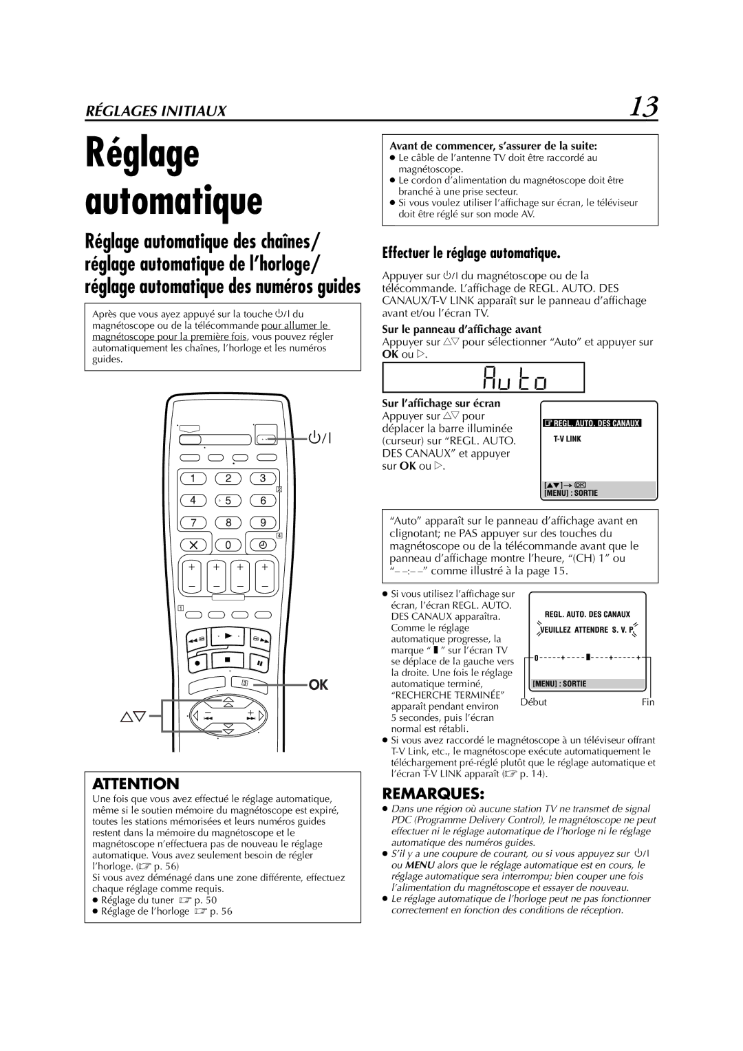 JVC HR-S6700MS Effectuer le réglage automatique, Avant de commencer, s’assurer de la suite, Sur l’affichage sur écran 