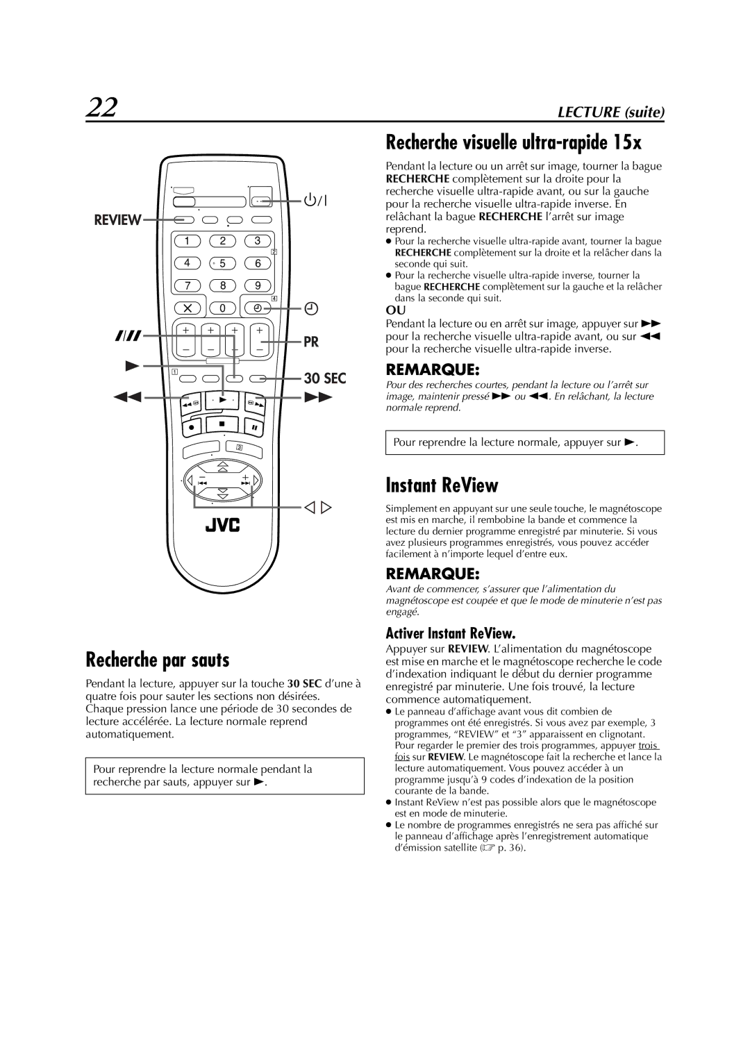 JVC HR-S6700MS manual Recherche par sauts, Activer Instant ReView 