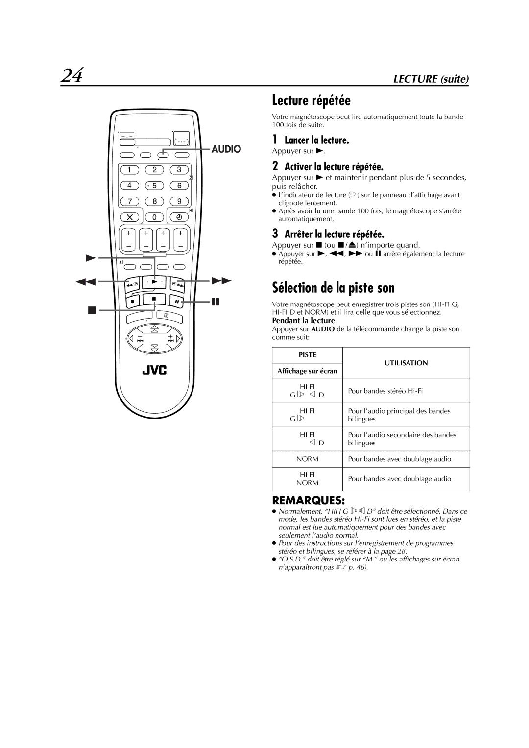 JVC HR-S6700MS manual Lecture répétée, Sélection de la piste son, Activer la lecture répétée, Arrêter la lecture répétée 