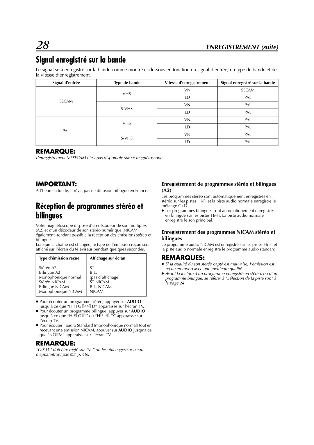 JVC HR-S6700MS manual Signal enregistré sur la bande, Réception de programmes stéréo et bilingues 