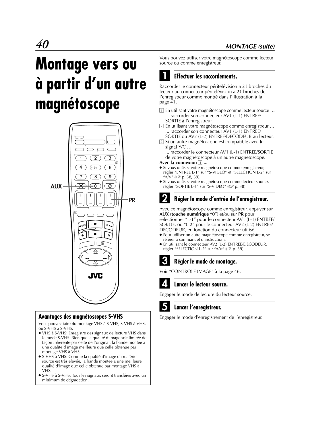 JVC HR-S6700MS manual Avantages des magnétoscopes S-VHS, Lancer le lecteur source, Avec la connexion C 