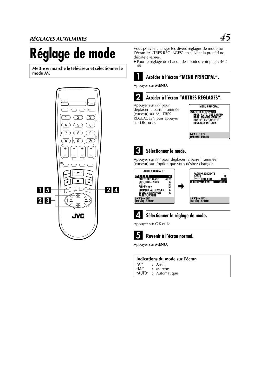 JVC HR-S6700MS manual Accéder à l’écran Menu Principal, Sélectionner le mode, Sélectionner le réglage de mode 