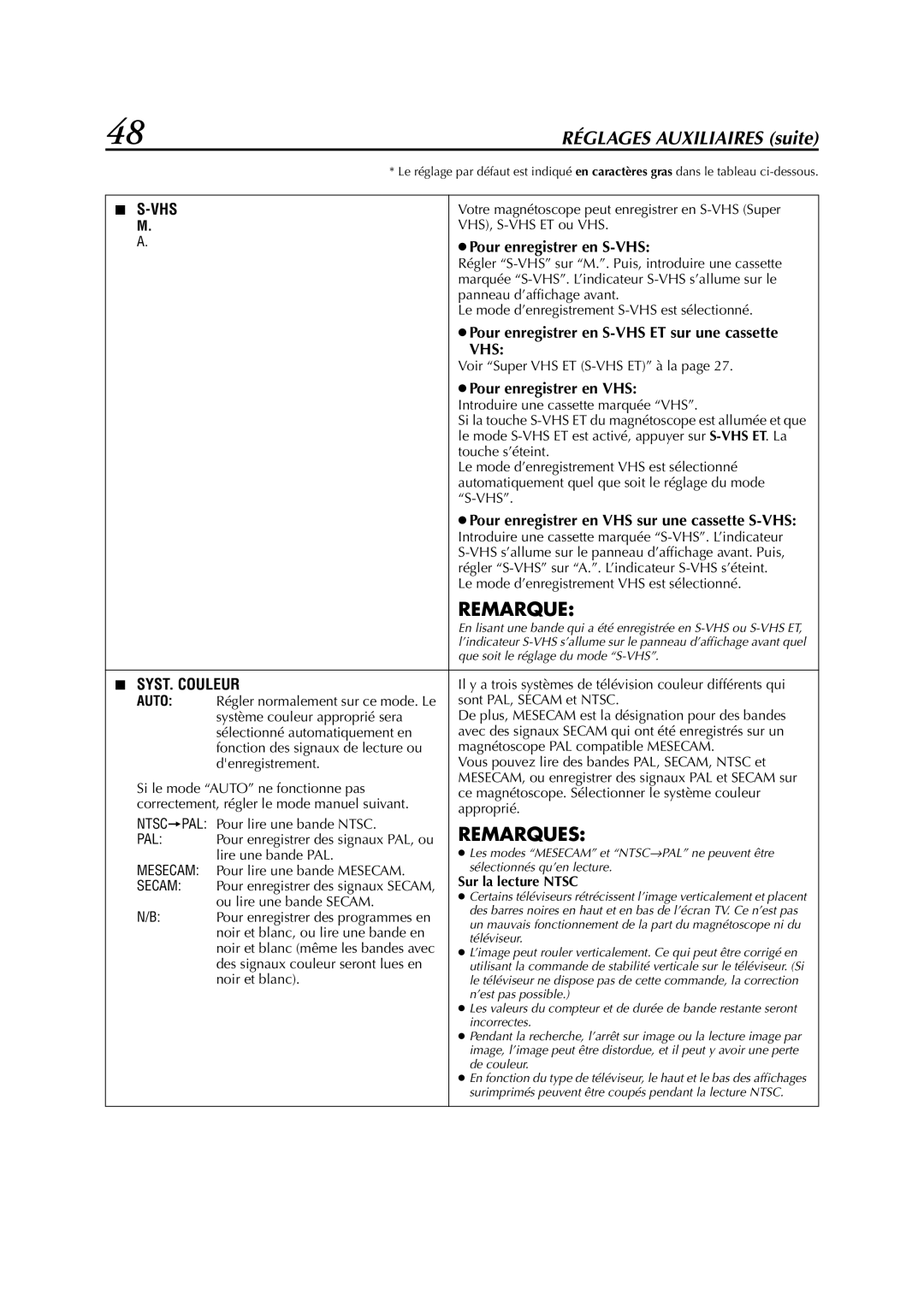 JVC HR-S6700MS manual Pour enregistrer en S-VHS ET sur une cassette, Pour enregistrer en VHS, Sur la lecture Ntsc 