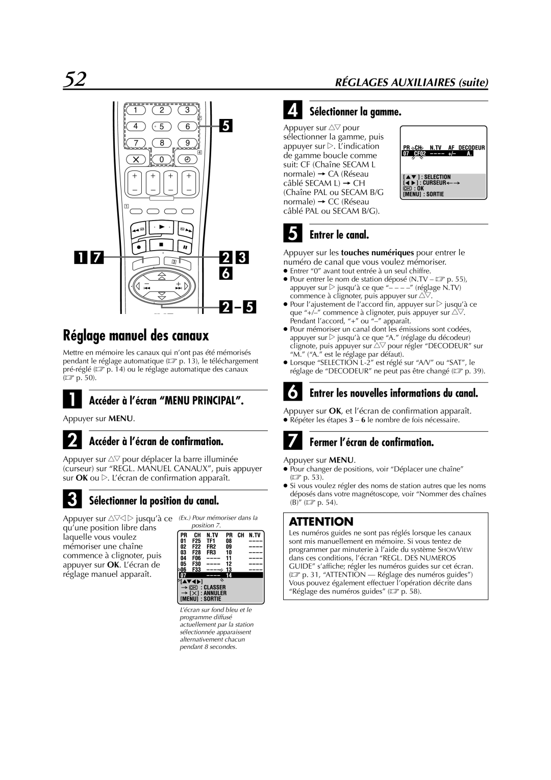 JVC HR-S6700MS manual Réglage manuel des canaux, Accéder à l’écran de confirmation, Entrer le canal 