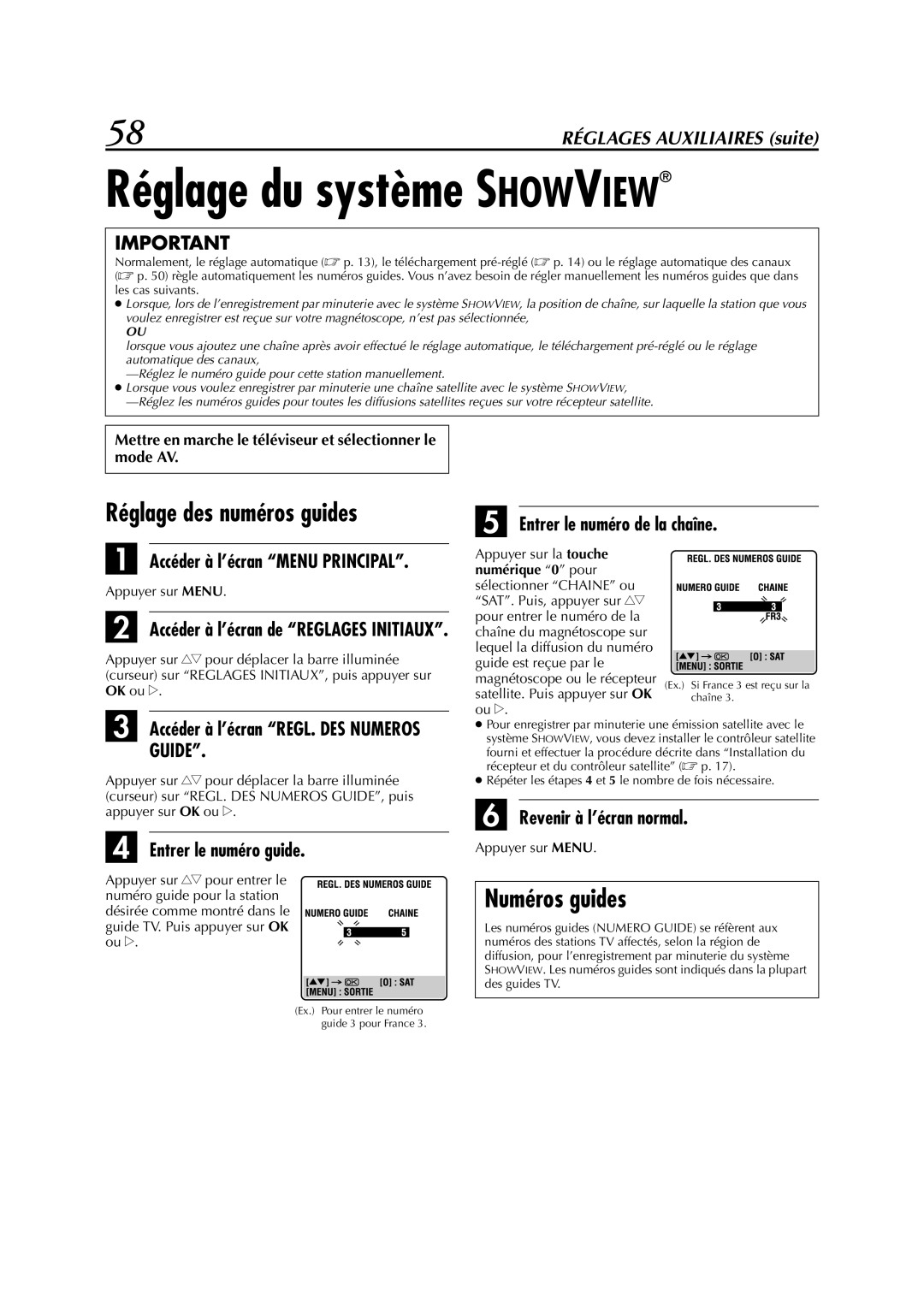 JVC HR-S6700MS manual Réglage des numéros guides, Numéros guides, Entrer le numéro de la chaîne, Entrer le numéro guide 