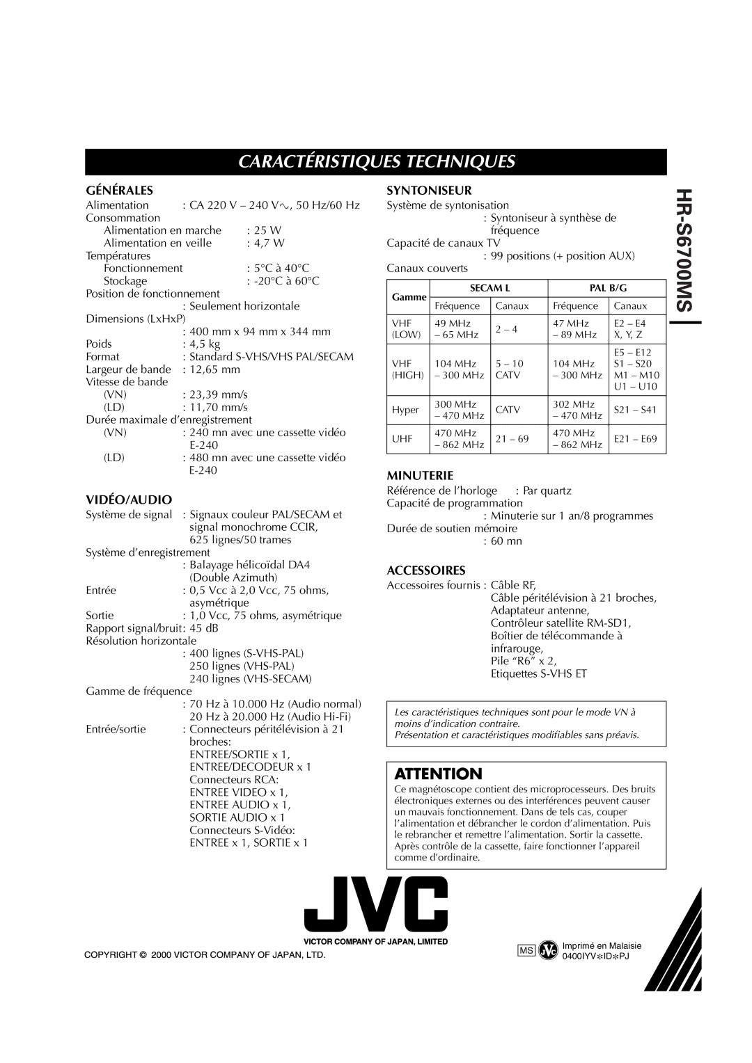 JVC HR-S6700MS manual Caractéristiques Techniques 