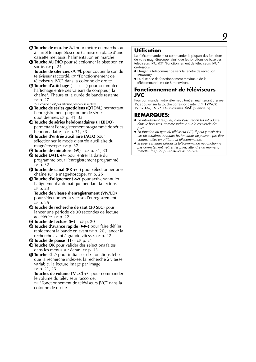 JVC HR-S6700MS manual Utilisation, Fonctionnement de téléviseurs 