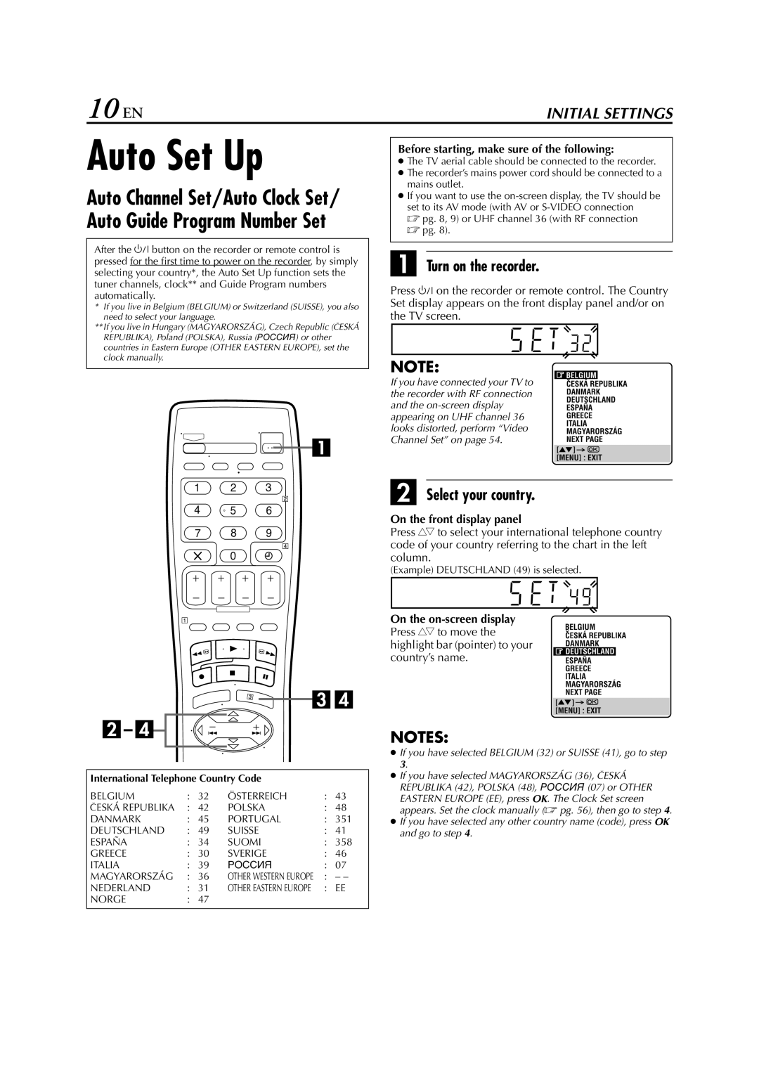 JVC HR-S6711EU specifications Auto Set Up, 10 EN, Turn on the recorder, Select your country 