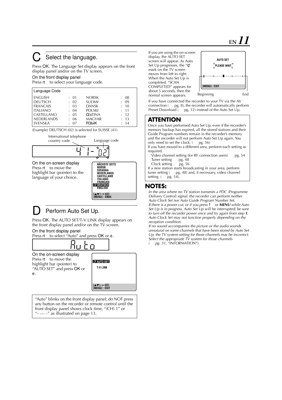 JVC HR-S6711EU Select the language, Perform Auto Set Up, Press rt to select your language code, As illustrated on 