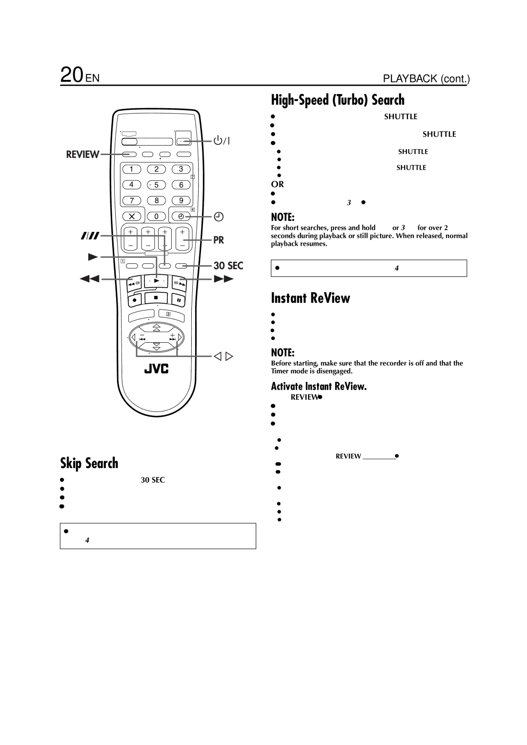 JVC HR-S6711EU specifications 20 EN, Skip Search, High-Speed Turbo Search, Activate Instant ReView 