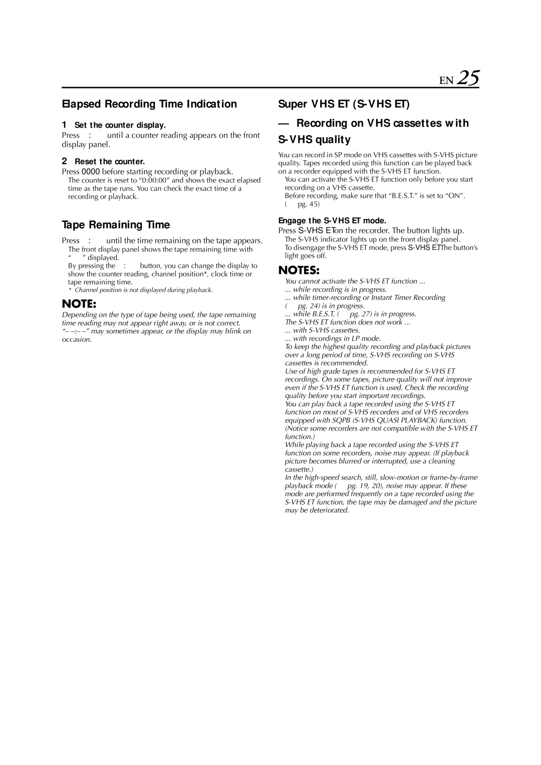 JVC HR-S6711EU specifications Tape Remaining Time, Set the counter display, Reset the counter, Engage the S-VHS ET mode 