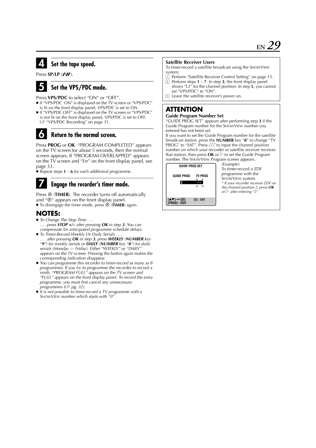 JVC HR-S6711EU Set the VPS/PDC mode, Engage the recorder’s timer mode, Satellite Receiver Users, Guide Program Number Set 