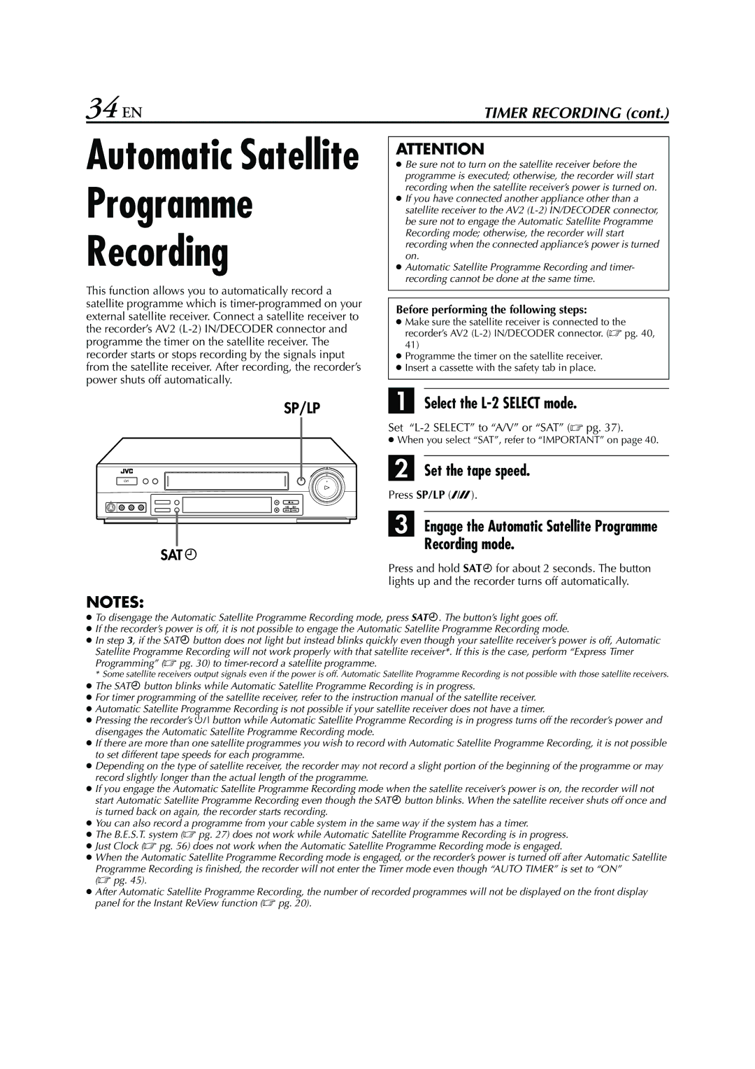 JVC HR-S6711EU specifications Programme Recording, 34 EN, Select the L-2 Select mode, Recording mode 