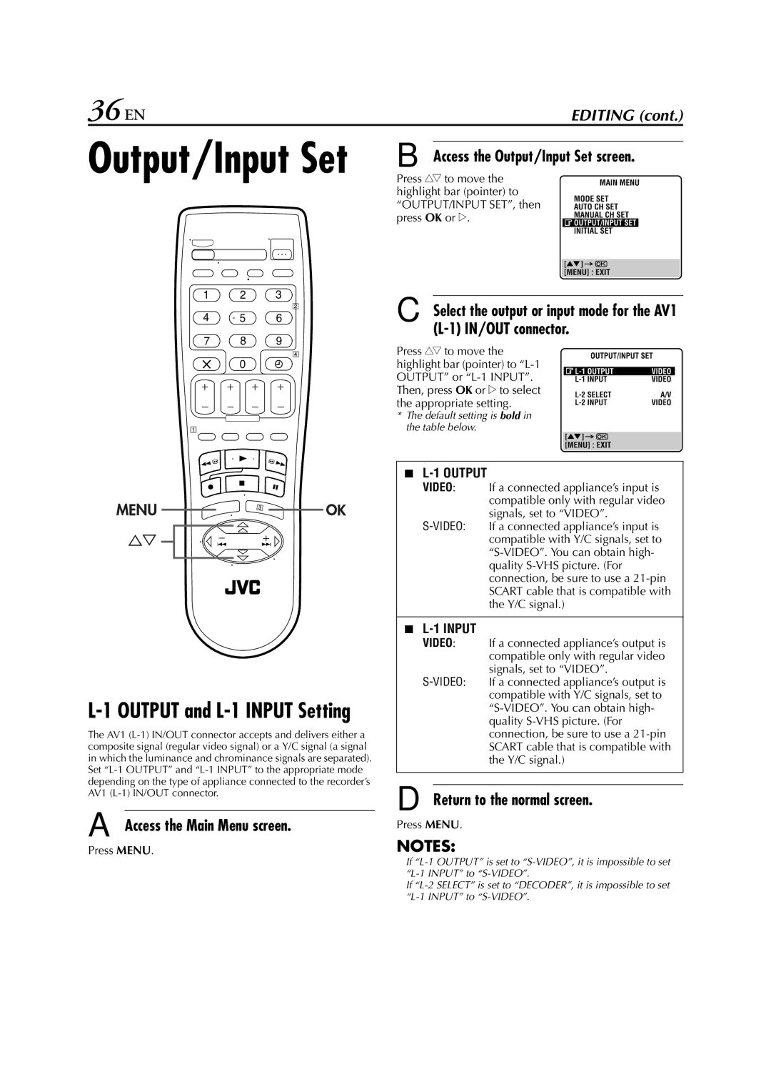 JVC HR-S6711EU Press rt to move, Access the Output/Input Set screen, Highlight bar pointer to, OUTPUT/INPUT SET, then 