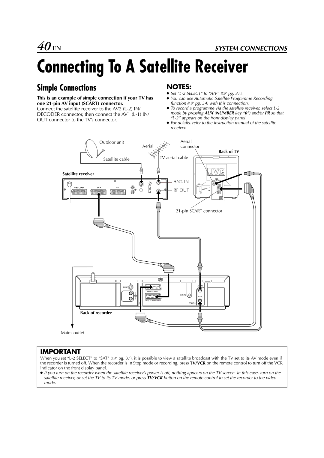 JVC HR-S6711EU specifications Connecting To a Satellite Receiver, Simple Connections 