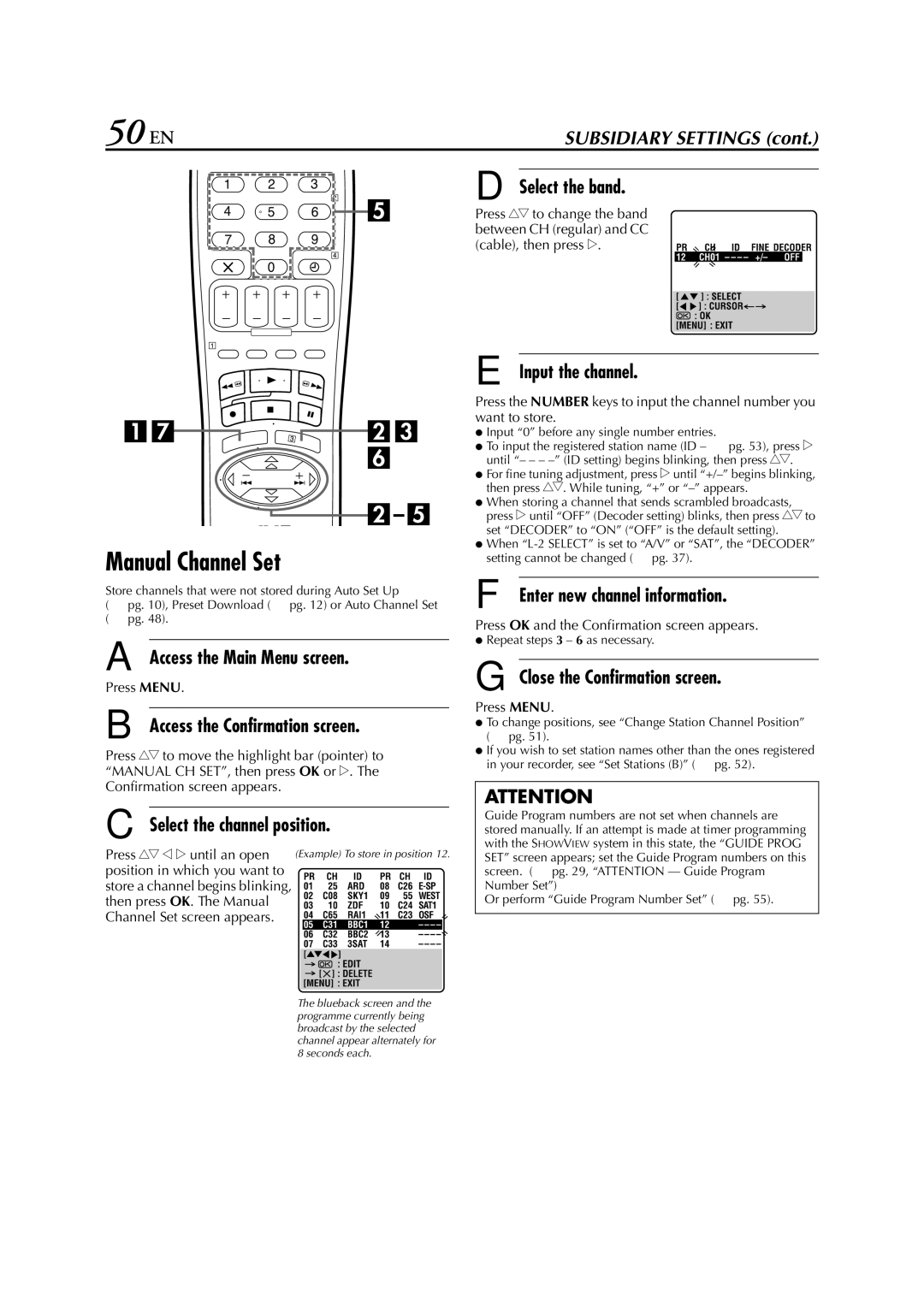 JVC HR-S6711EU specifications 50 EN, Manual Channel Set 