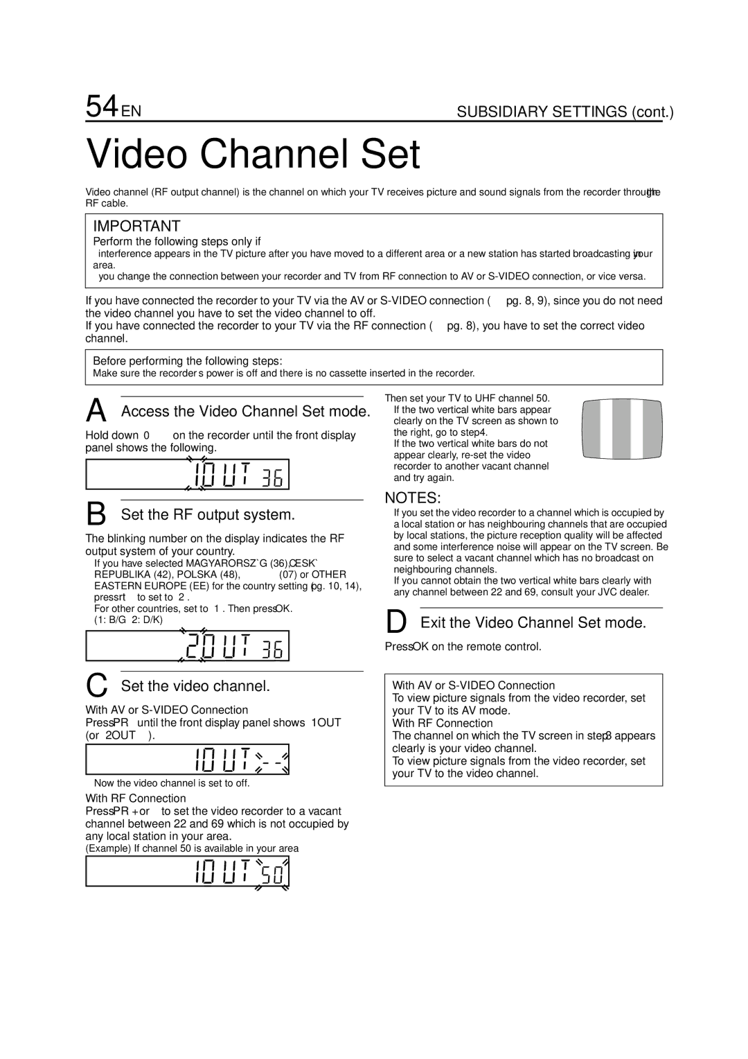 JVC HR-S6711EU 54 EN, Access the Video Channel Set mode, Set the RF output system, Exit the Video Channel Set mode 