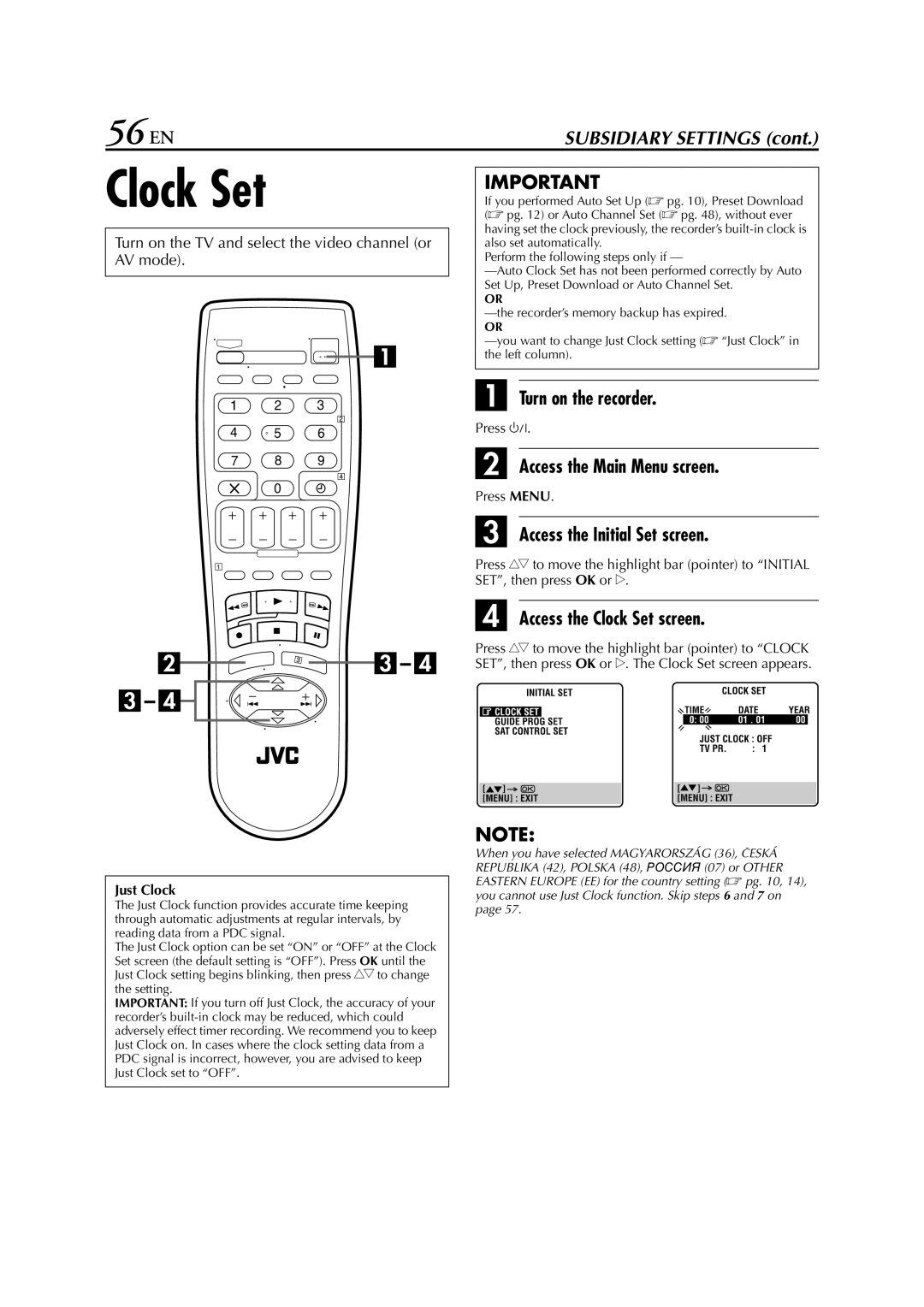 JVC HR-S6711EU specifications 56 EN, Access the Clock Set screen 