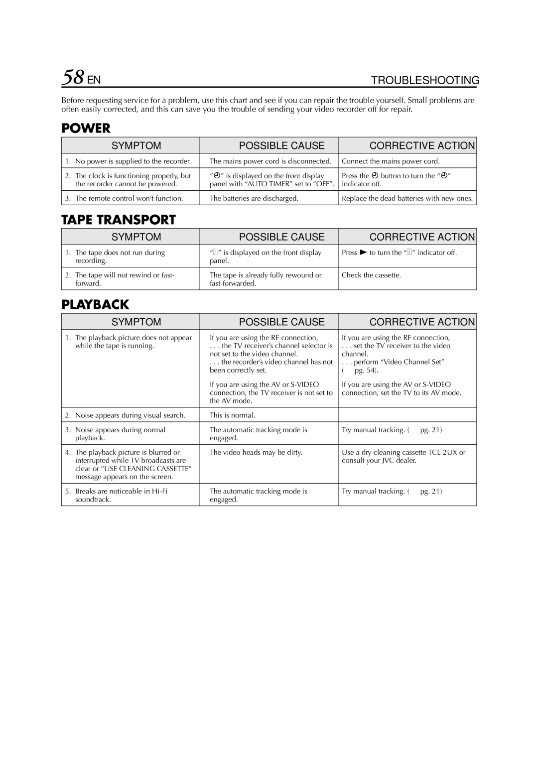 JVC HR-S6711EU specifications 58 EN, Troubleshooting 