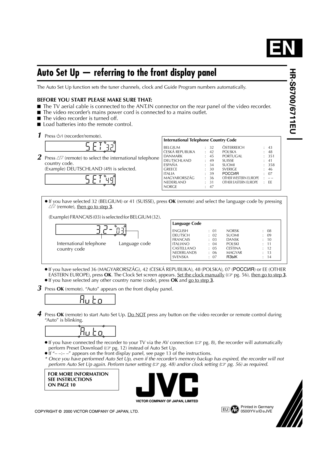 JVC HR-S6711EU specifications International telephone Language code, Country code 