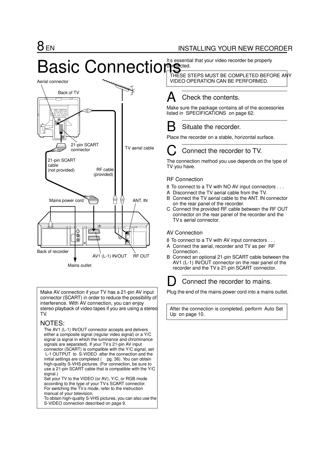 JVC HR-S6711EU Check the contents, Situate the recorder, Connect the recorder to TV, Connect the recorder to mains 