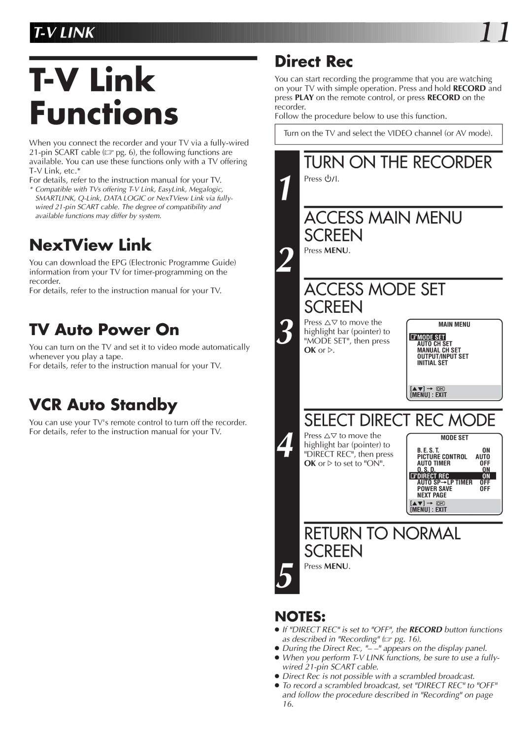 JVC HR-S6722EK Link Functions, Turn on the Recorder, NexTView Link, TV Auto Power On, VCR Auto Standby Direct Rec 