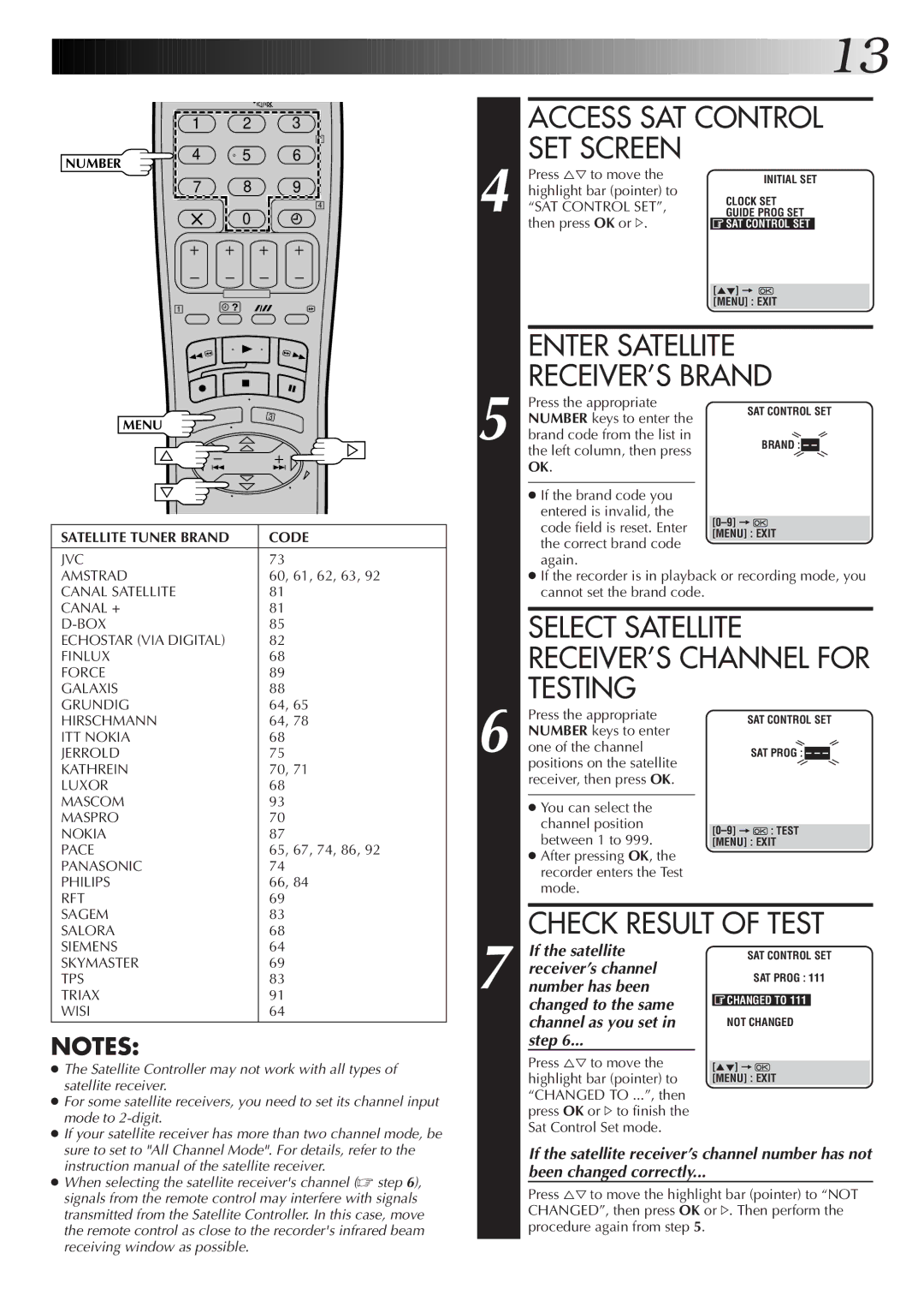 JVC HR-S6722EK setup guide Access SAT Control SET Screen, Enter Satellite RECEIVER’S Brand, Check Result of Test 