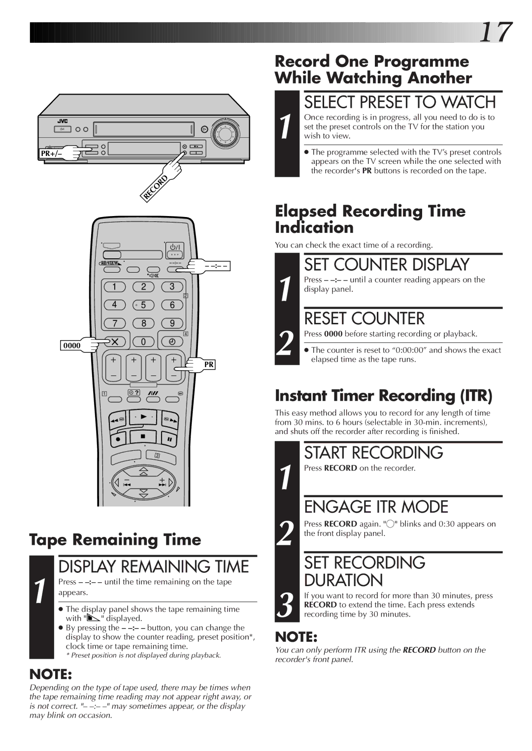 JVC HR-S6722EK Select Preset to Watch, SET Counter Display, Reset Counter, Engage ITR Mode, SET Recording Duration 