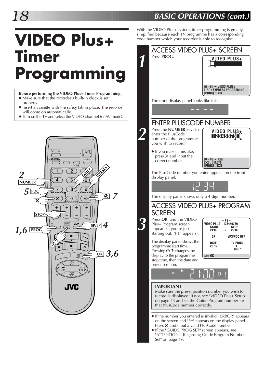 JVC HR-S6722EK setup guide Video Plus+ Timer Programming, Access Video PLUS+ Screen, Enter Pluscode Number 