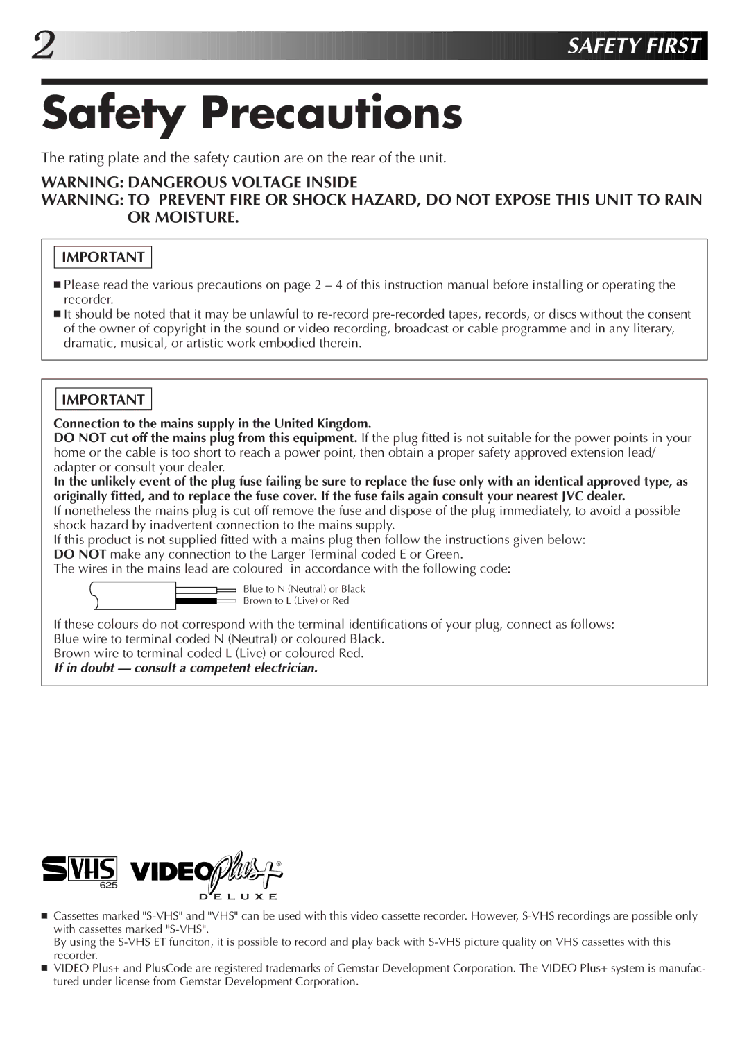 JVC HR-S6722EK setup guide Safety Precautions, Connection to the mains supply in the United Kingdom 