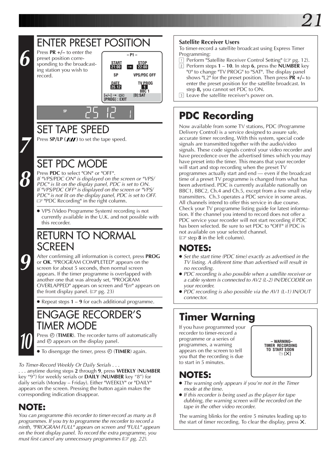 JVC HR-S6722EK setup guide SET PDC Mode, Return to Normal, Engage RECORDER’S, Timer Mode 