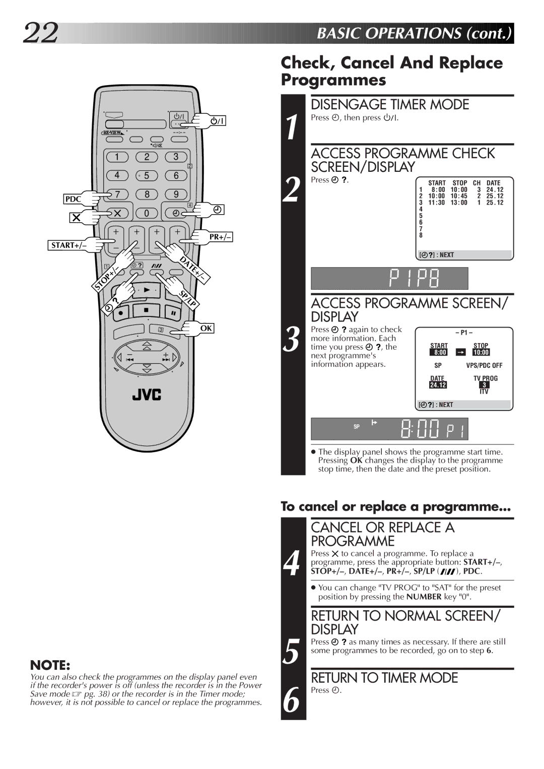 JVC HR-S6722EK Check, Cancel And Replace Programmes, Access Programme SCREEN/ Display, Cancel or Replace a Programme 