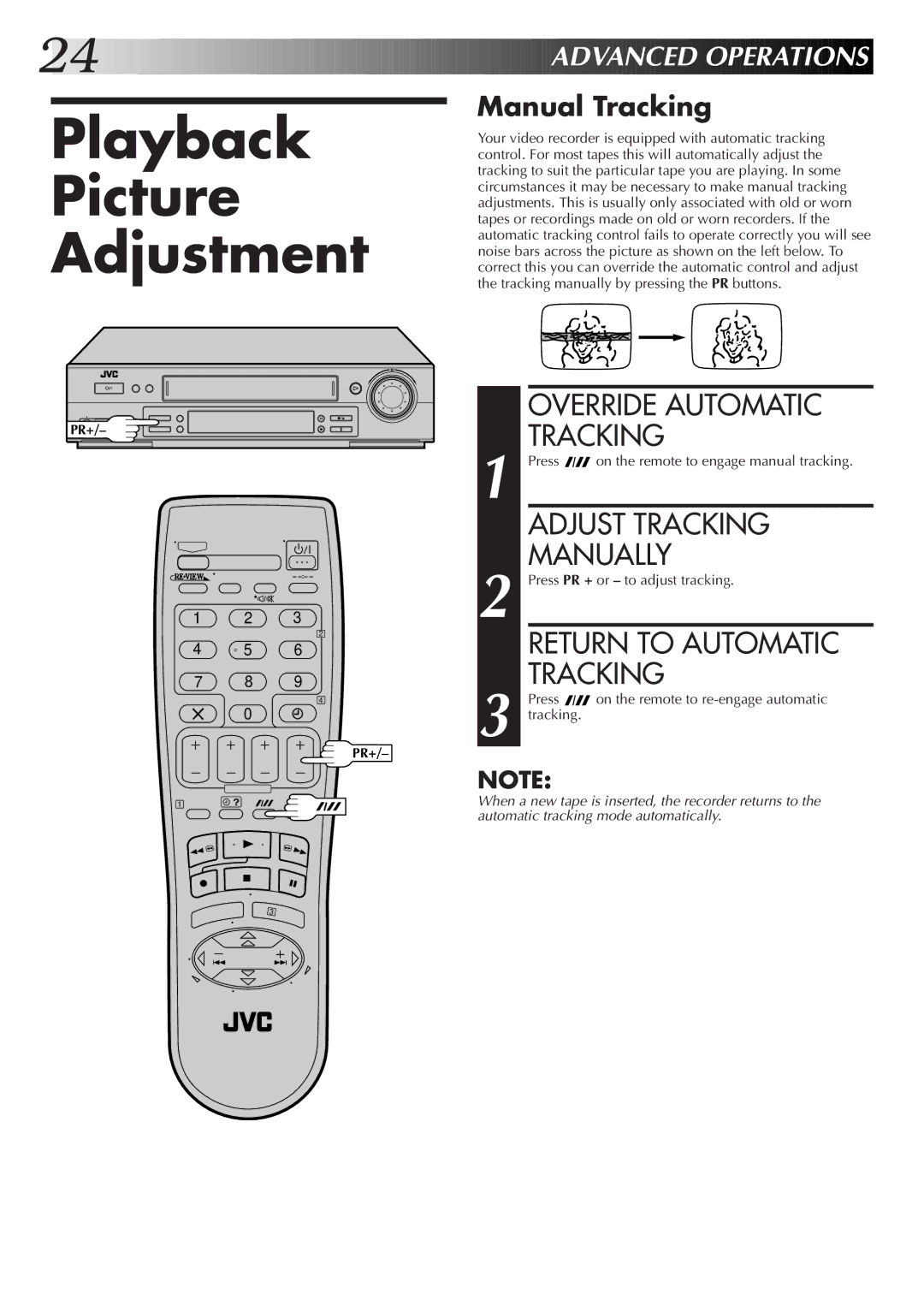 JVC HR-S6722EK Playback Picture Adjustment, Override Automatic Tracking, Adjust Tracking, Manually, Return to Automatic 