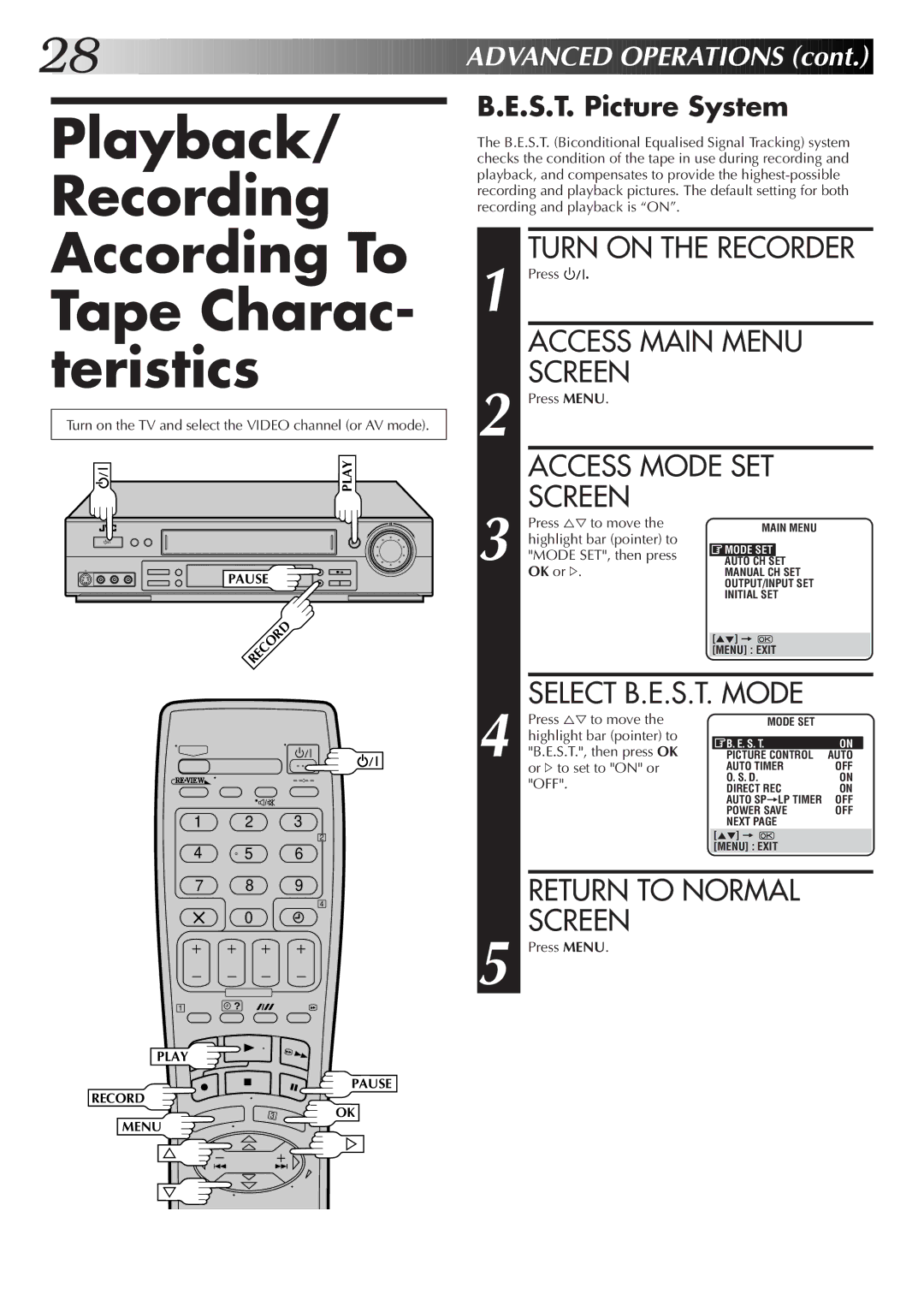 JVC HR-S6722EK setup guide Playback/ Recording According To Tape Charac- teristics, S.T. Picture System 