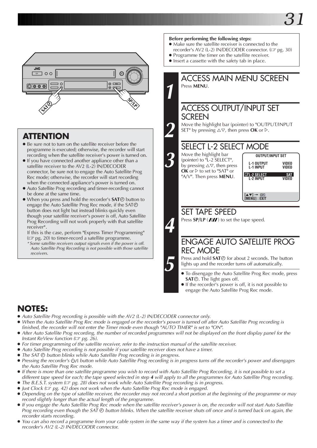 JVC HR-S6722EK setup guide Access Main Menu Screen, Select L-2 Select Mode, Engage Auto Satellite Prog, REC Mode 