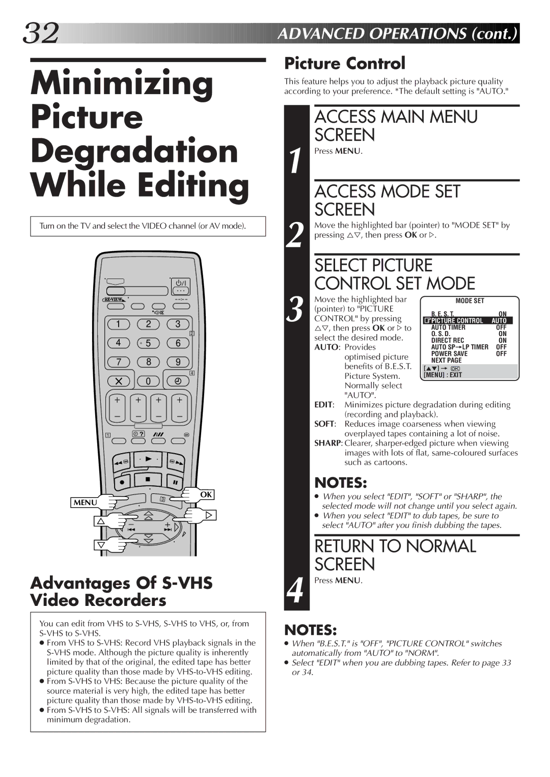 JVC HR-S6722EK setup guide Minimizing Picture Degradation While Editing, Access Main Menu Screen, Access Mode SET Screen 