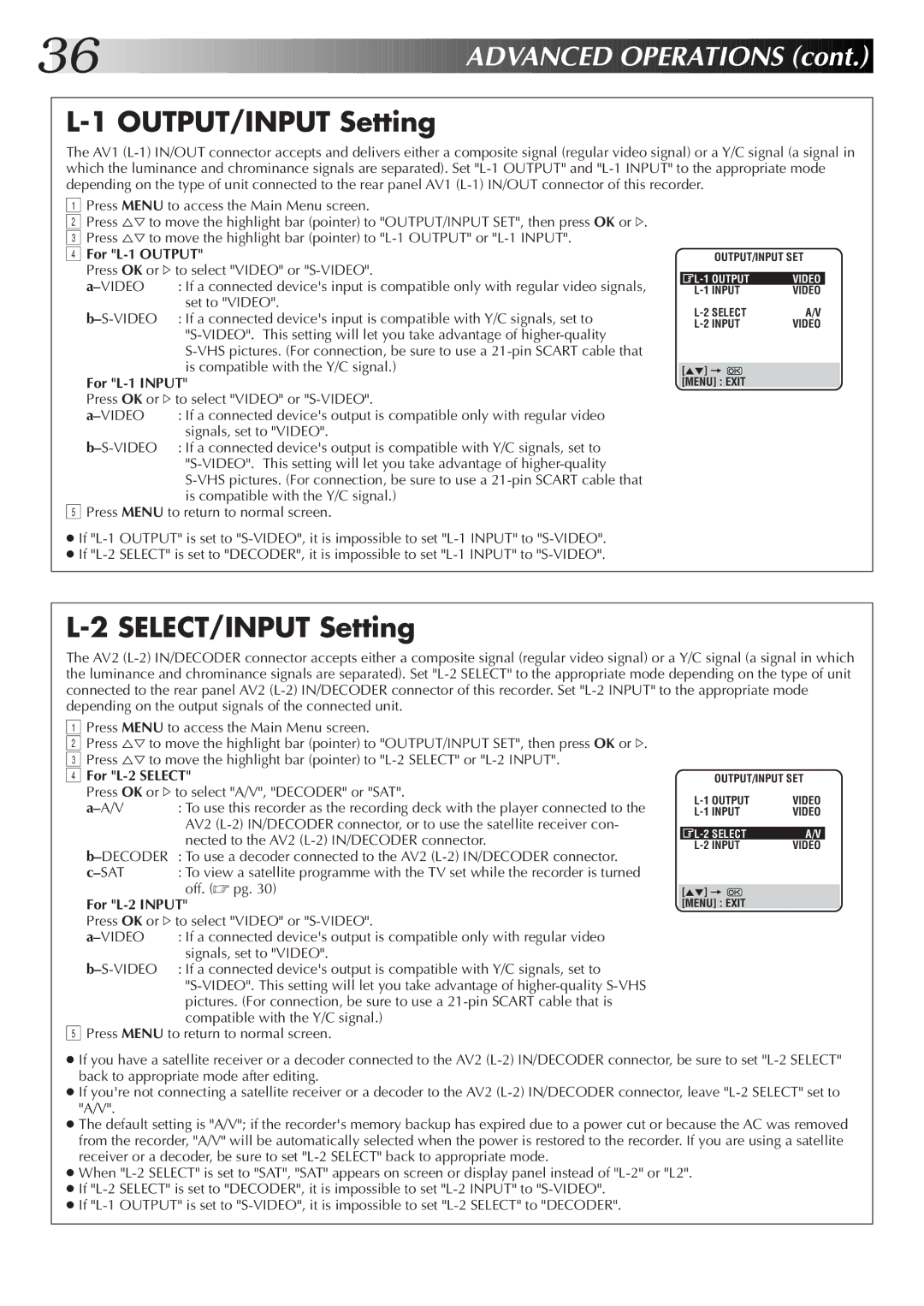 JVC HR-S6722EK setup guide OUTPUT/INPUT Setting, SELECT/INPUT Setting 