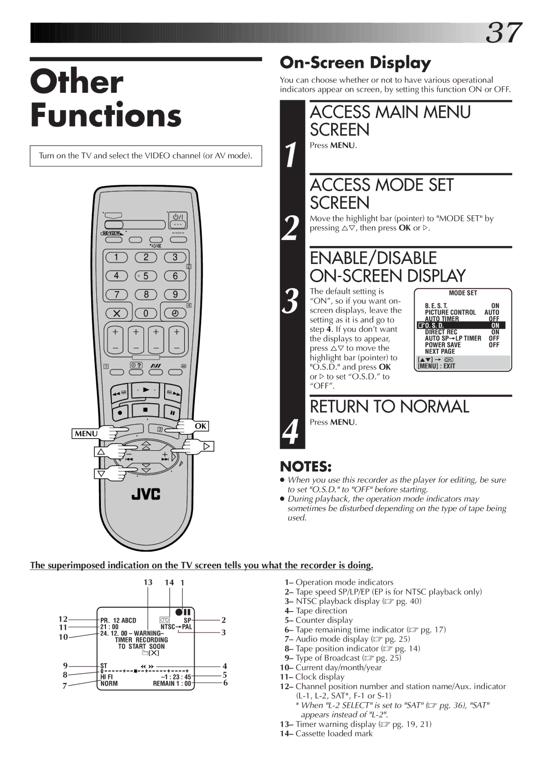 JVC HR-S6722EK setup guide Other Functions, ENABLE/DISABLE ON-SCREEN Display, On-Screen Display 