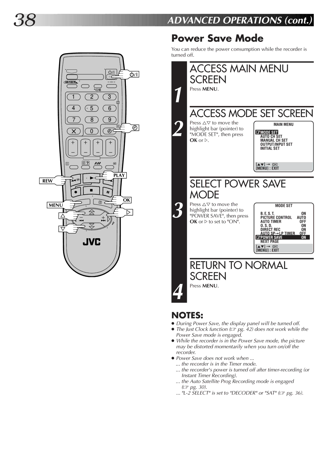 JVC HR-S6722EK setup guide Power Save Mode, Power SAVE, then press 